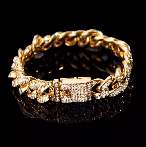 Gold plated Cuban link bracelet gold or silver Bling Unisex Chunky Rhinestone - Picture 2 of 6